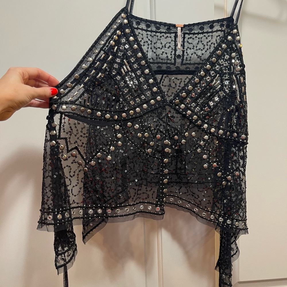 Embellished free people silver black tank mesh sheer top tank sequins